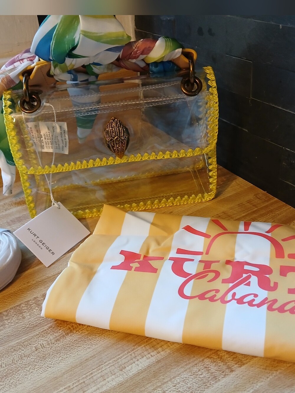 Kurt Geiger NWT "Kurts Cabana" Clear Yellow Crochet W/Scarf  W/Special Dustbag